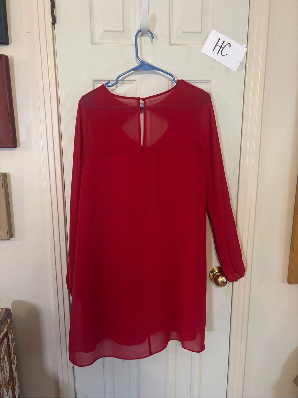 Red Long Sleeve Chiffon Shift Dress - Women